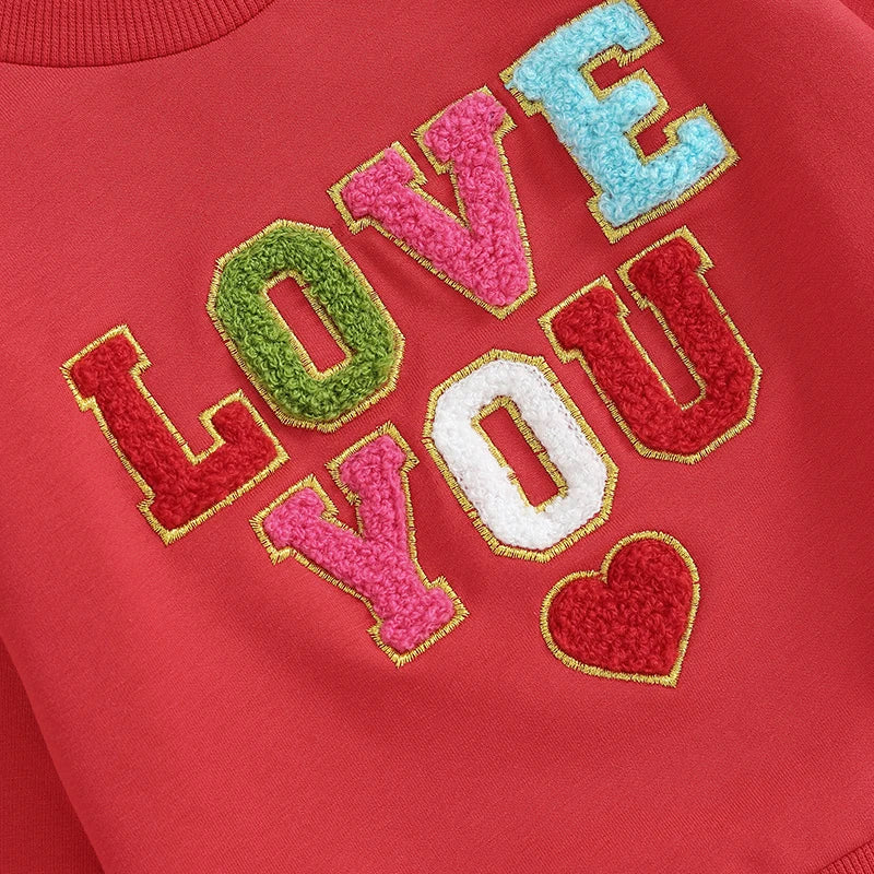 Toddler Baby Boys Girls 2Pcs Valentine's Day Outfits Letter Fuzzy LOVE YOU heart Embroidered Long Sleeve Top With Pants Set