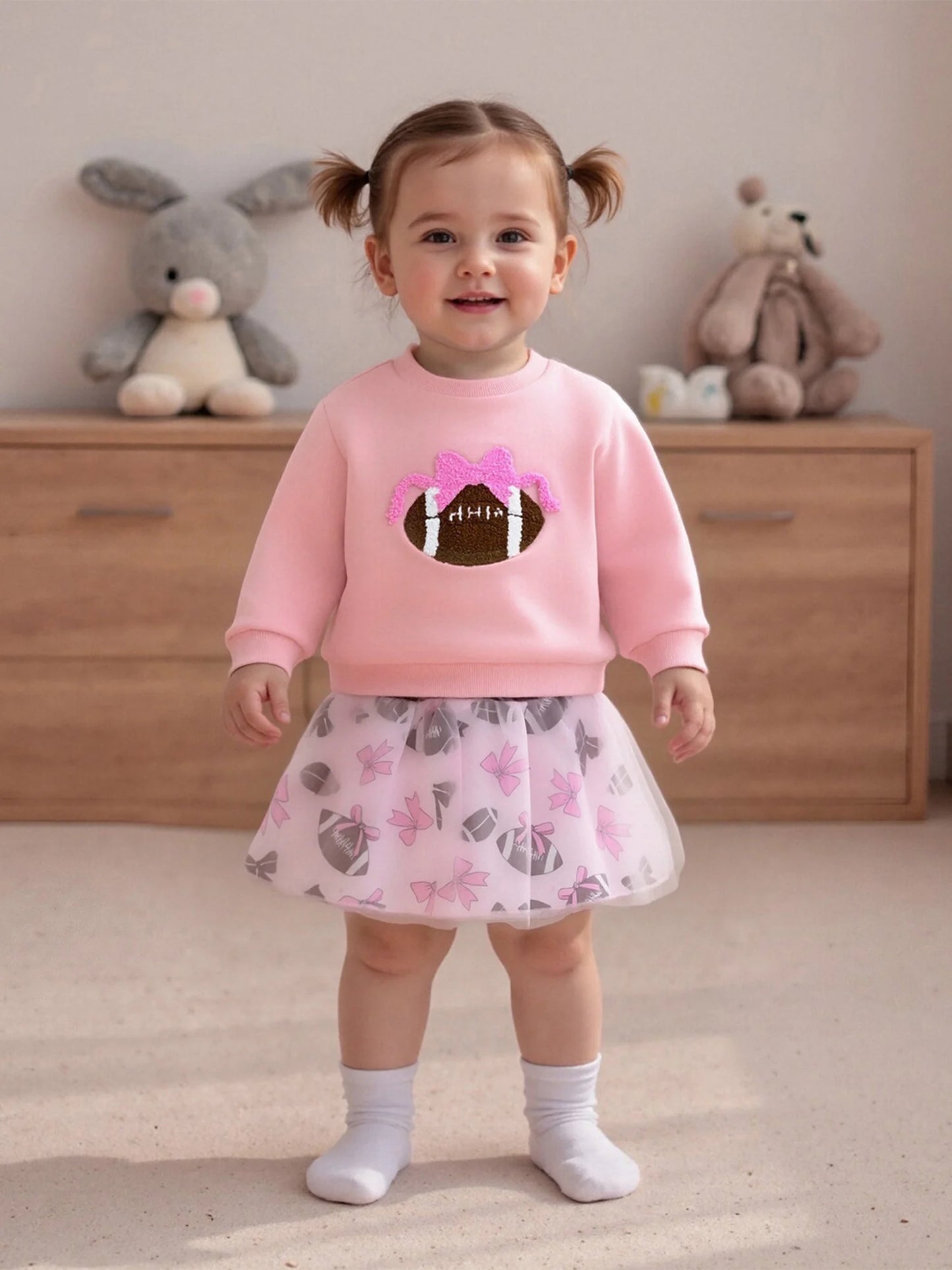 Baby Toddler Girl 2Pcs Fall Outfits Football Embroidery Long Sleeve Round Neck Top and Tutu Skirt 2Piece Set