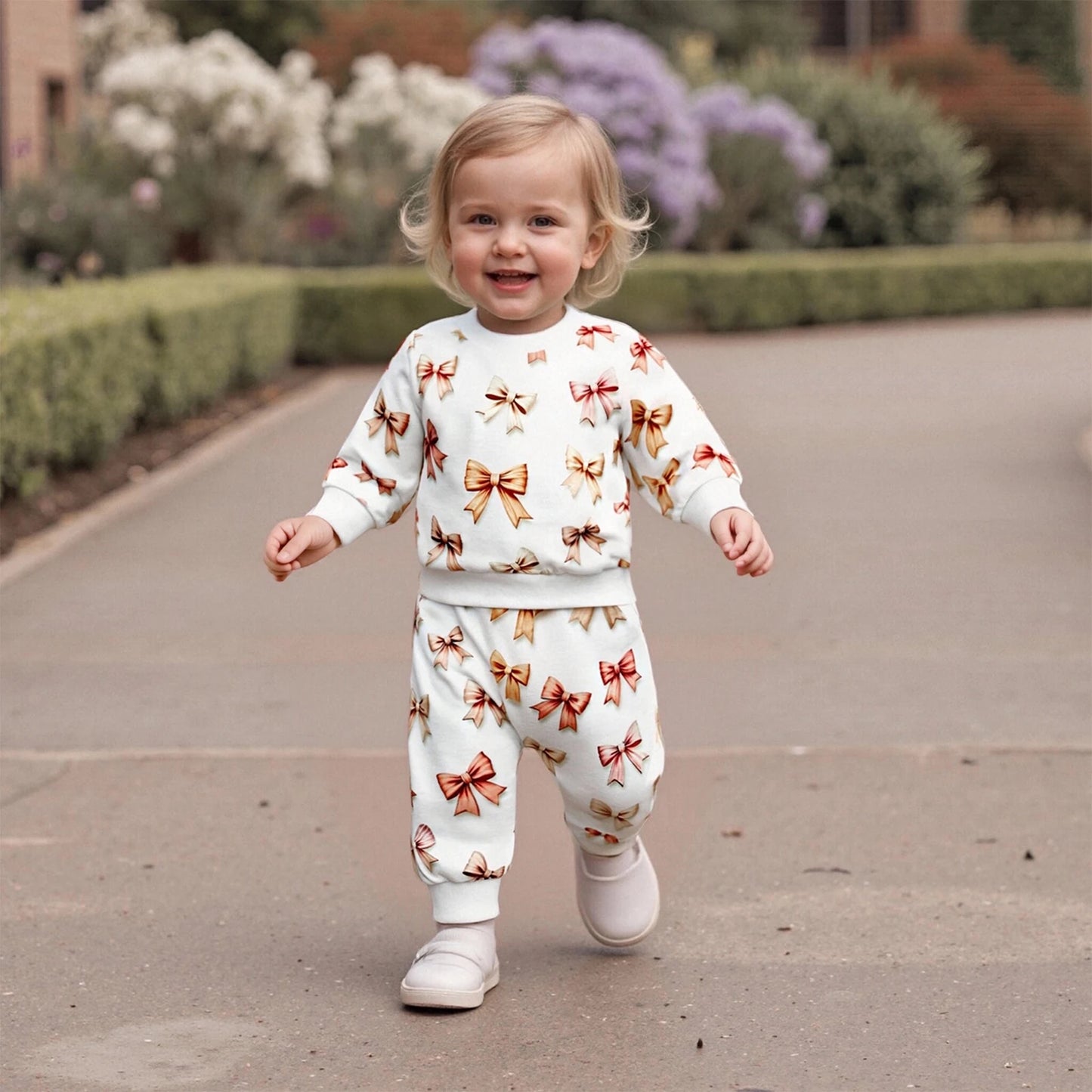 Baby Toddler Girls 2Pcs Spring Outfits Bow Print Long Sleeve Round Neck Pullover Top Elastic Waist Long Pants Jogger Set