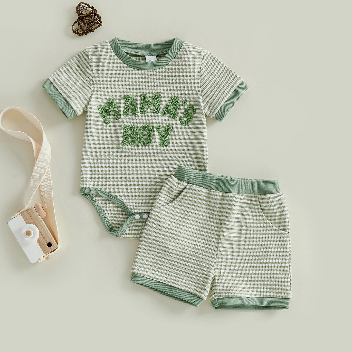 Baby Boy 2Pcs Mama's Boy Summer Set Striped Letter Embroidery Short Sleeve Romper and Shorts 2 Piece Outfit