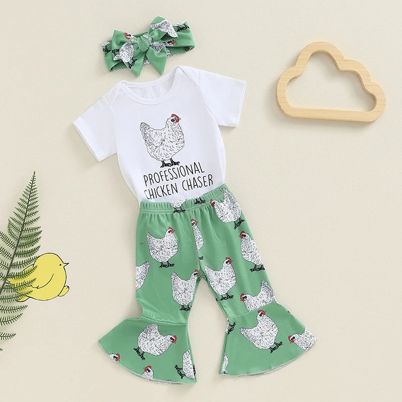 Baby Girls 3Pcs Give Me A Peck / Professional Chicken Chaser Short Sleeve Romper Chicken Print Flared Pants Headband Set Outfit