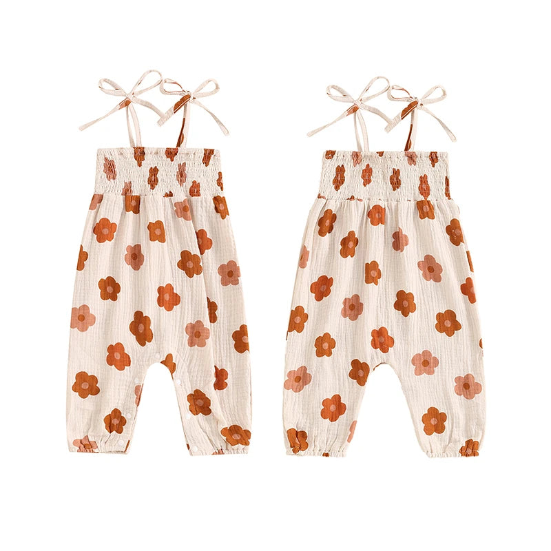 Baby Girl Romper Flower Print Shirred Square Neck Tie-Up Spaghetti Strap Tank Top Jumpsuit Summer Overalls