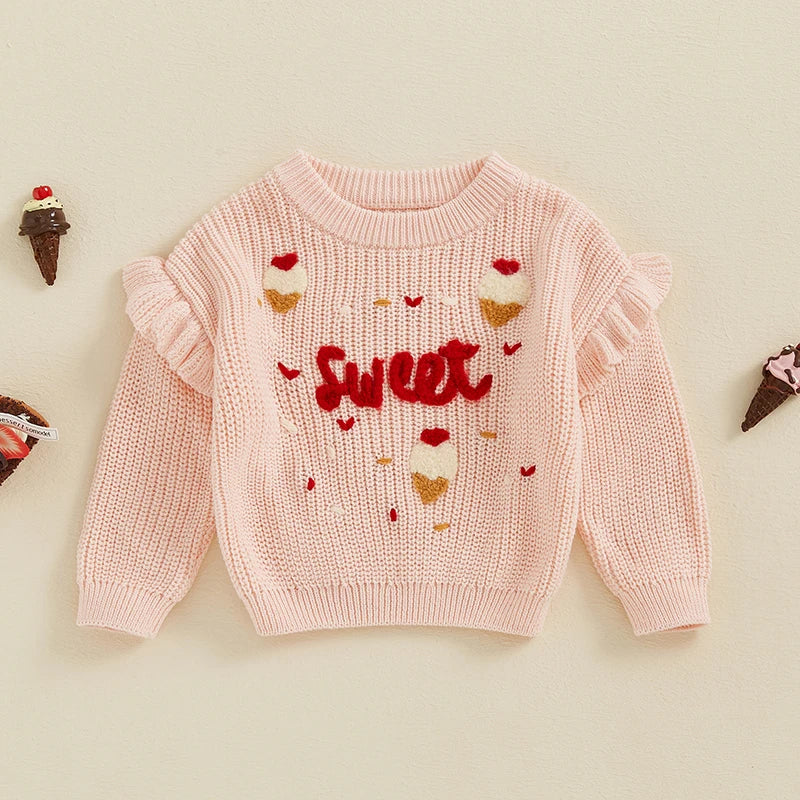 Baby Toddler Girls Valentine's Day Sweater Long Sleeve Round Neck Ice Cream Heart Letters Sweet Embroidery Knit Pullover Top Valentines