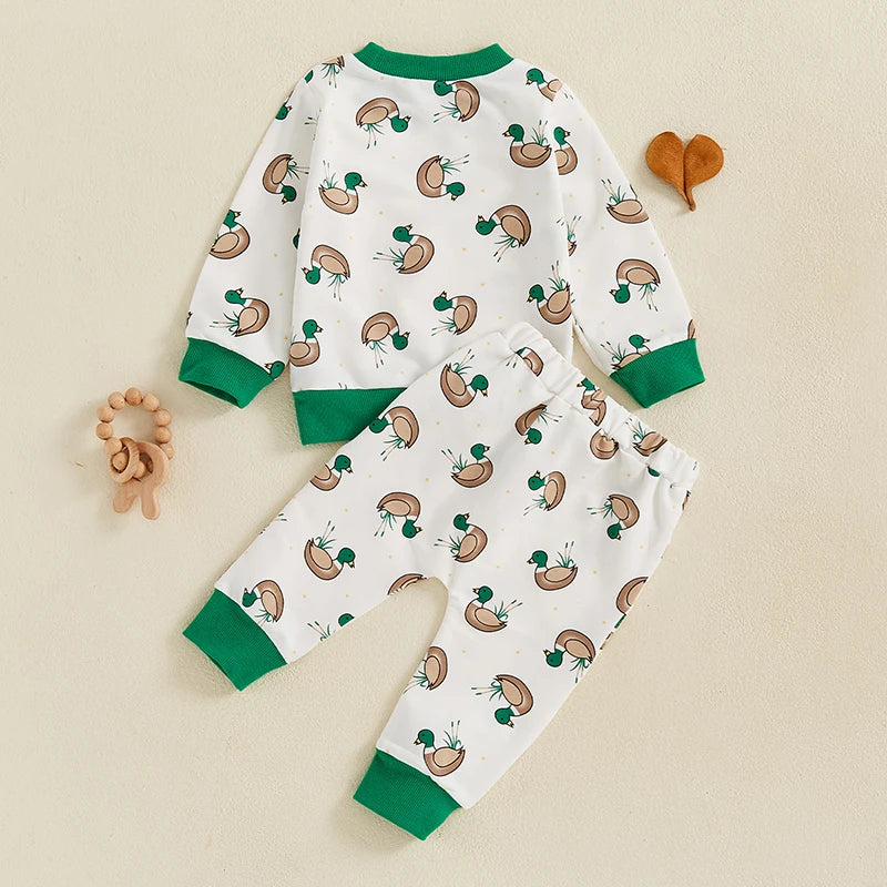 Baby Toddler Boys 2Pcs Fall Jogger Set Duck Print Long Sleeve Crew Neck Top with Elastic Waist Pants Outfit