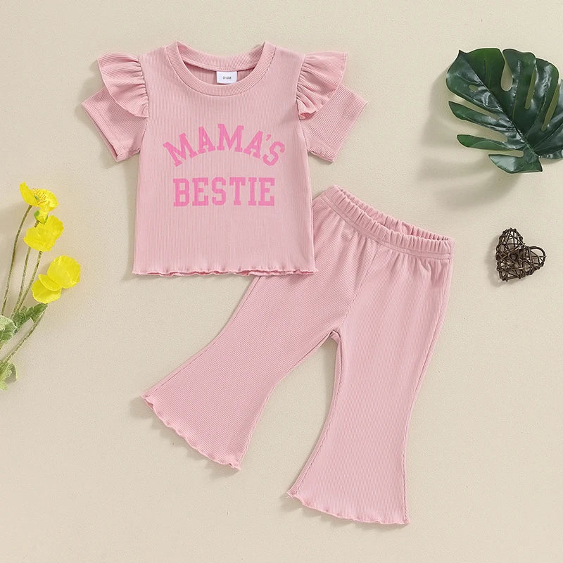 Baby Toddler Girls 2Pcs Mama's Bestie Flying Sleeve Letter Print Short Sleeve Top Flared Bellbottom Long Pants Set Outfit