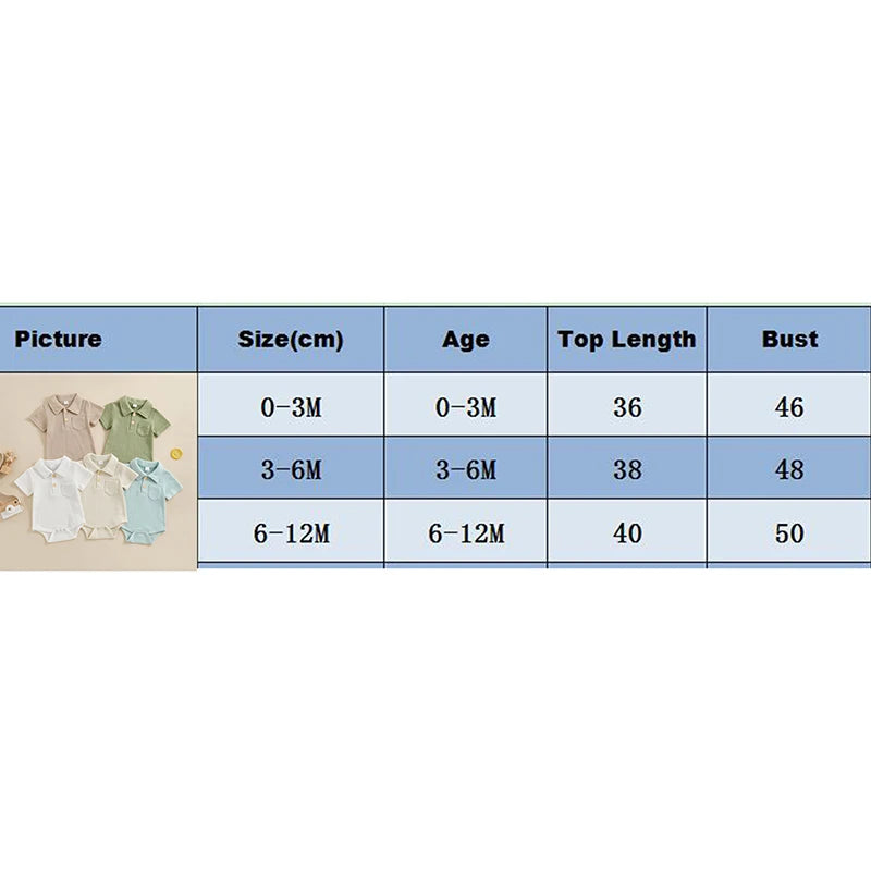 Baby Boys Romper Short Sleeve Lapel Button Up Collar Pocket Solid Color Waffle Casual Bodysuit