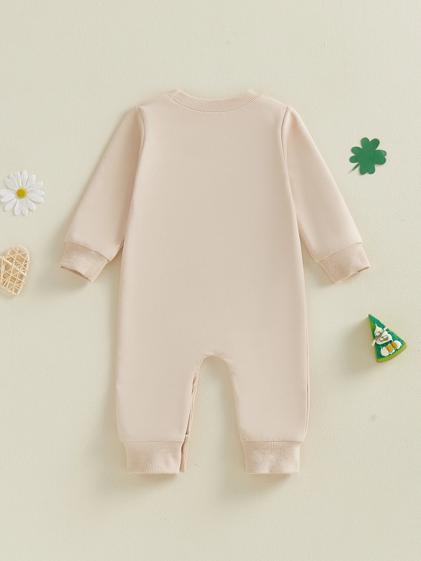 Baby Boys Girls Lucky Charm Irish Romper Fashionable Letters Shamrock Embroidery Crew Neck Long Sleeve St. Patrick's Day Jumpsuit