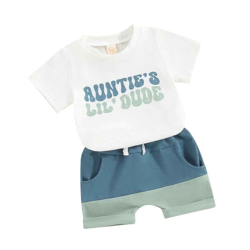 Baby Toddler Boys 2Pcs Auntie's Lil Dude Summer Outfits Letter Print Short Sleeve T-Shirt Tops and Elastic Waist Contrast Color Shorts Set