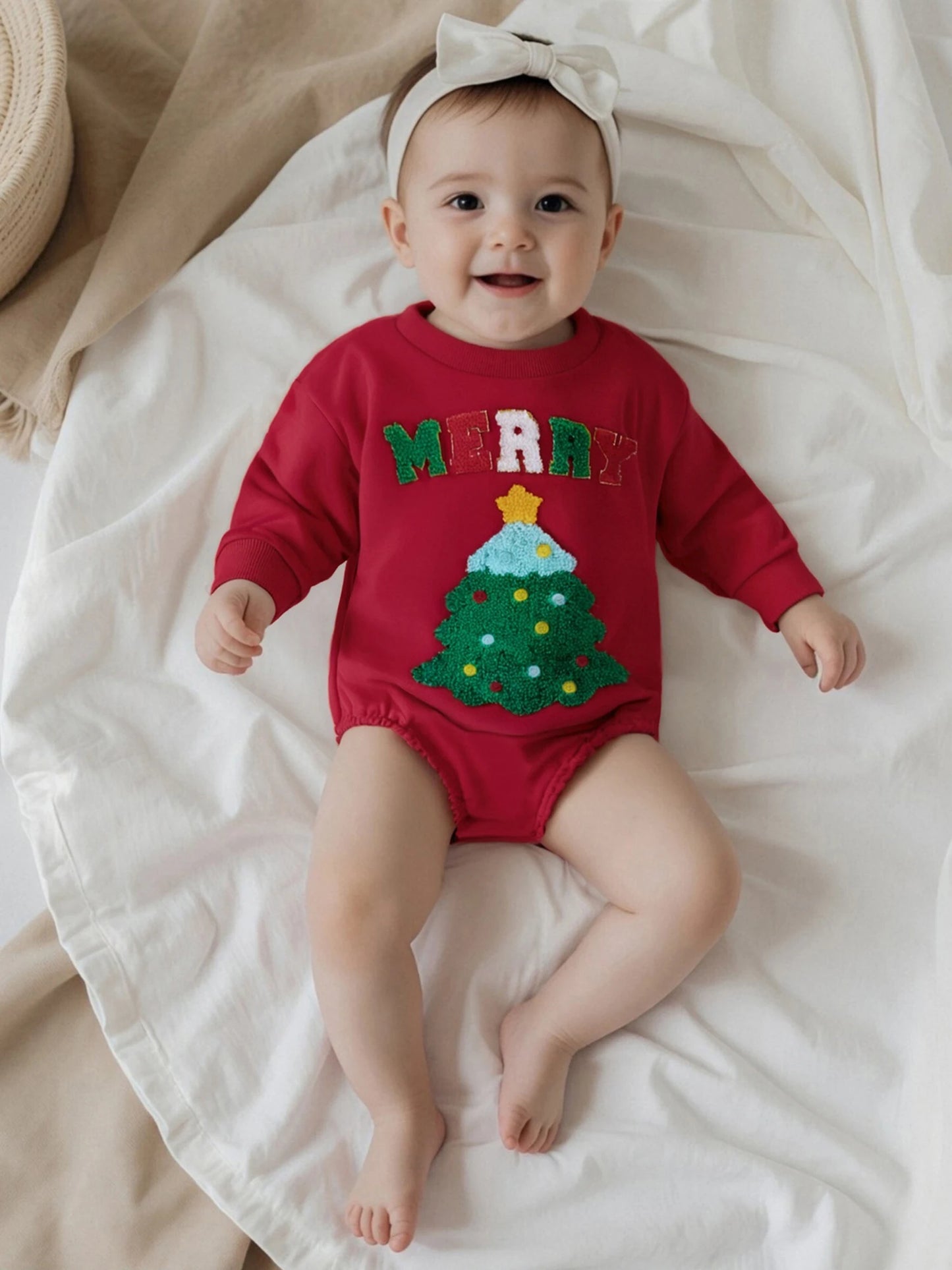 Baby Girl Boy Merry Romper Long Sleeve Round Neck Letter Christmas Tree Embroidery Bubble Jumpsuit