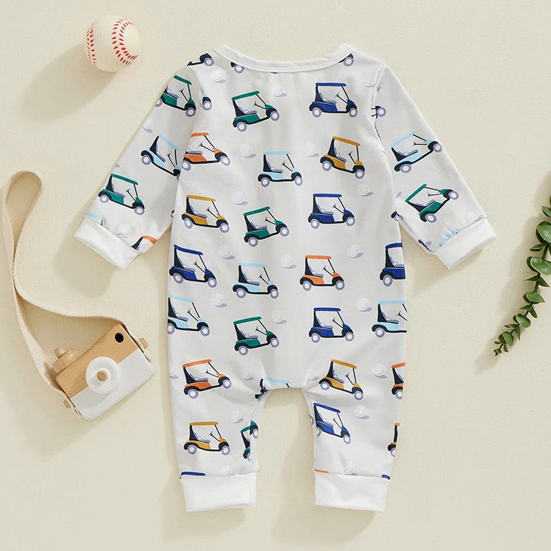 Baby Boys Girls Jumpsuit Long Sleeve Golf Cart Print Zipper Romper