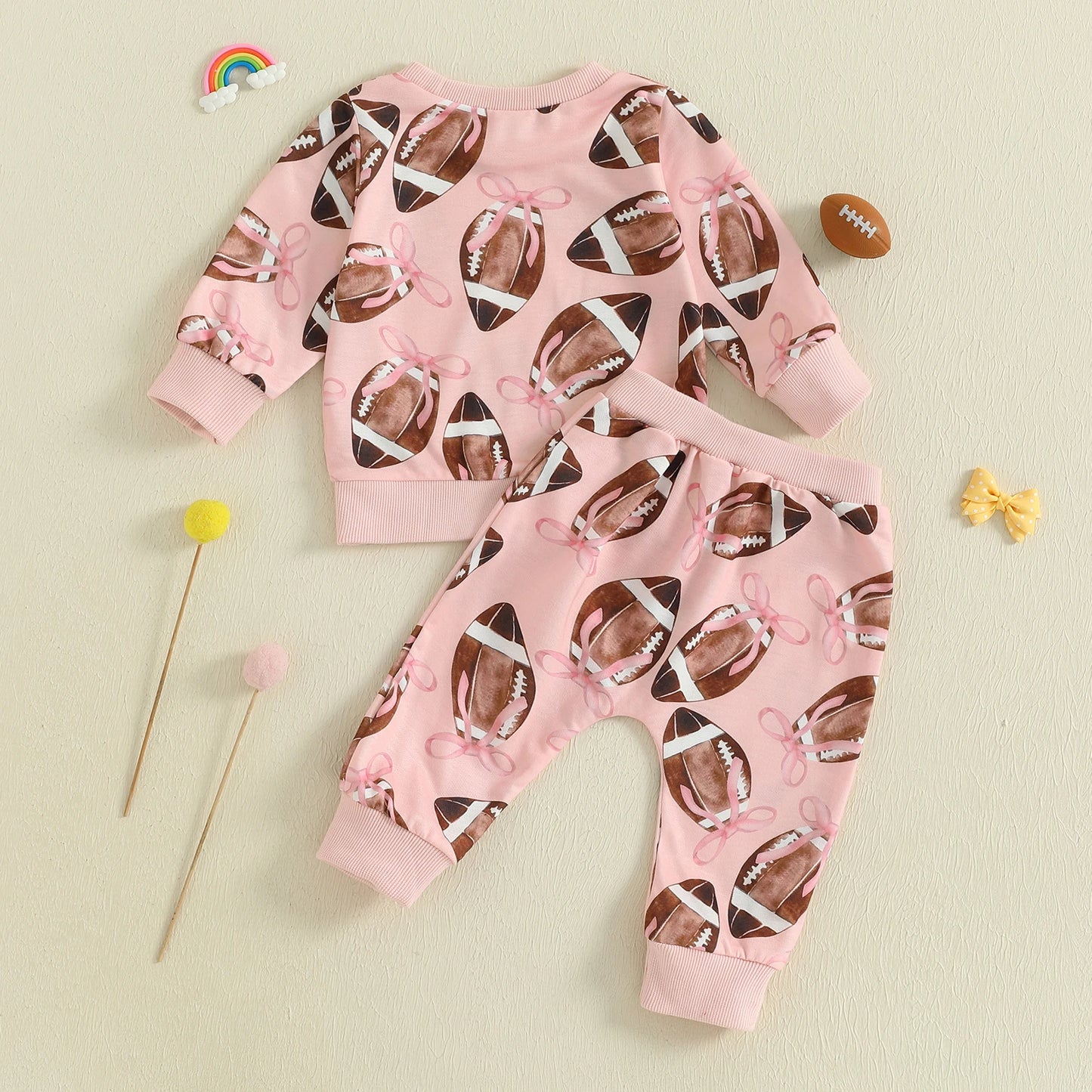 Baby Toddler Girls 2Pcs Fall Outfit Football Bow Print Crew Neck Long Sleeve Top with Pants Jogger Set