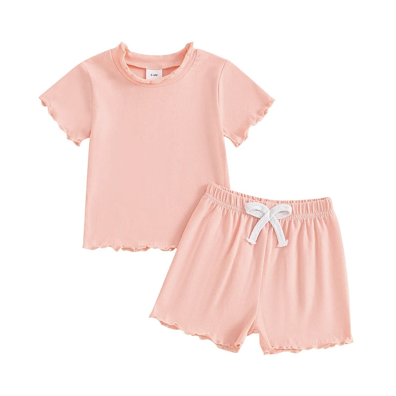 Baby Toddler Kids Girls 2Pcs Short Sleeve Crew Neck Ruffle Sleeve Top with Elastic Waist Shorts Outfit Set