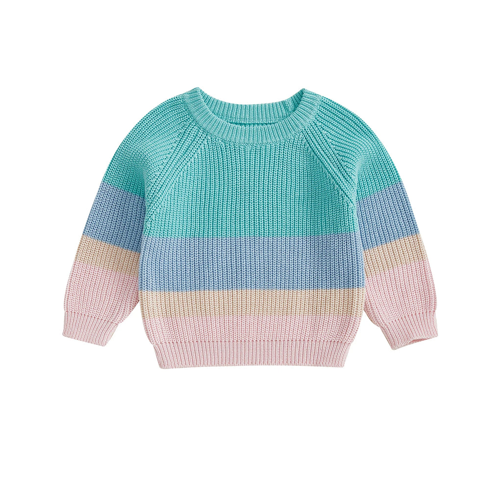 Baby Toddler Girl Sweater Contrast Color Stripes Crewneck Long Sleeve Pullover Chunky Knit Top