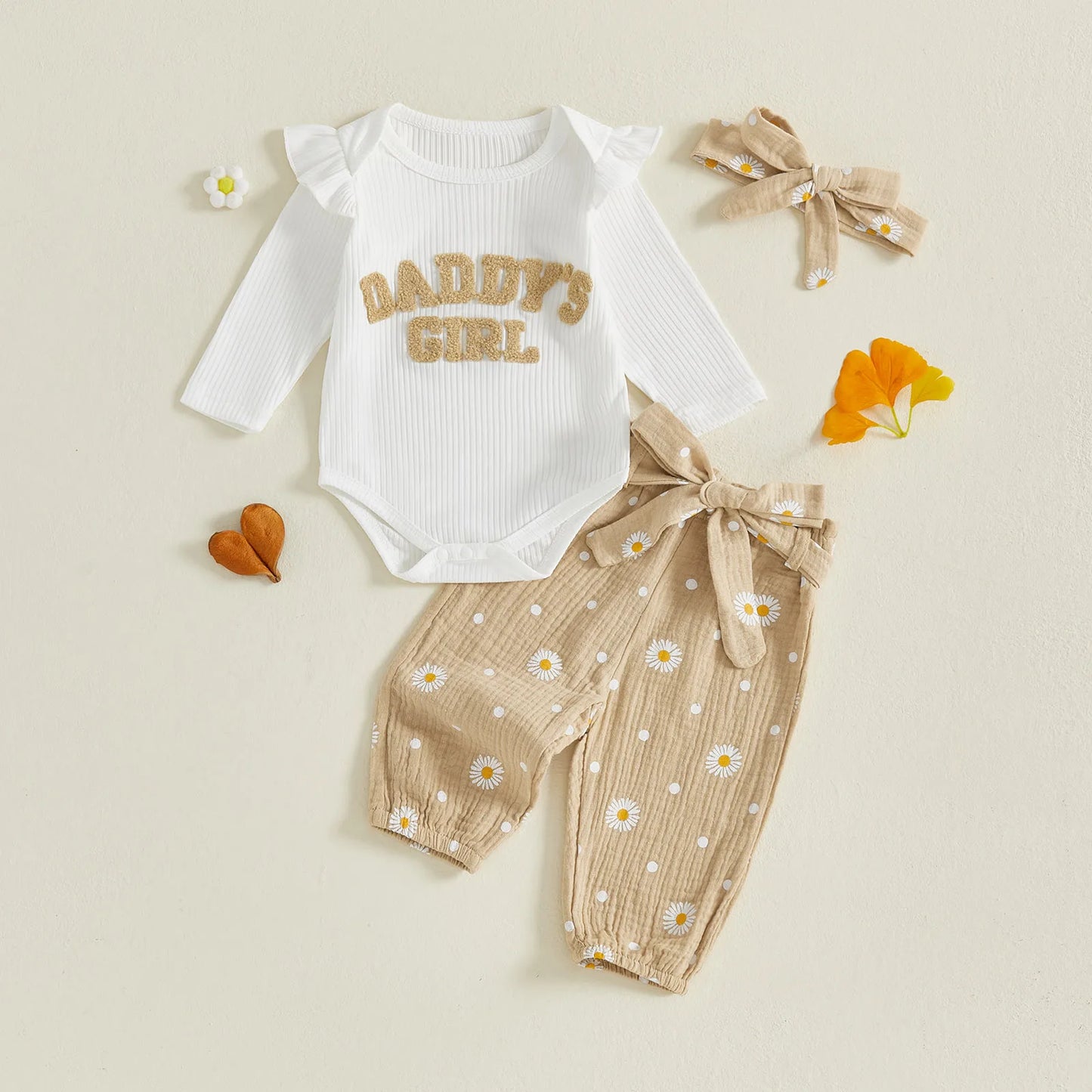 Baby Toddler Girls 3Pcs Daddy's Girl Fall Outfit Letter Embroidery Long Sleeve Romper Daisy Print Pants with Belt and Headband Set