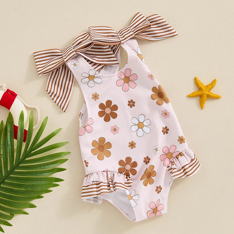 Toddler Kids Girl Summer Swimwear Sleeveless Floral/Turtle Print Ruffle Monokini Swimsuits Bathing Suit Romper