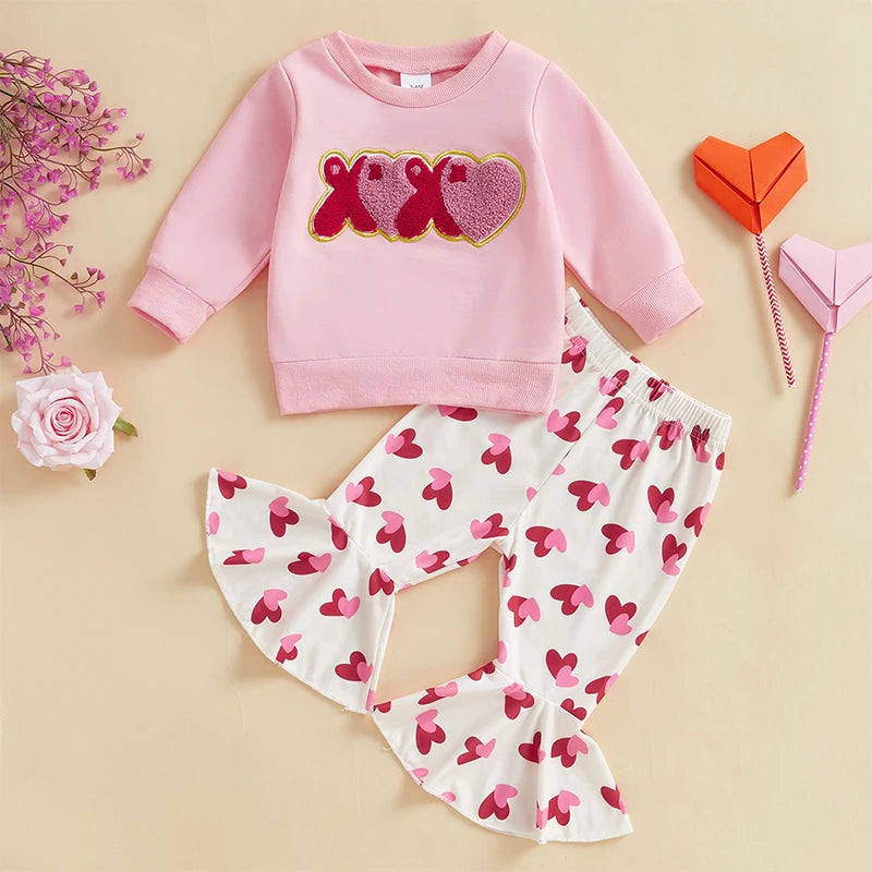 Baby Toddler Girls 2Pcs Valentine's Day Set XOXO Heart Letter Embroidered Long Sleeve Crewneck Top Heart Print Flare Pants Outfit