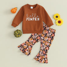Load image into Gallery viewer, Toddler Baby Girl 2Pcs Hello Pumpkin Print Farm Fresh Pumpkin Long Sleeve Top Flower Pattern Flare Bell Bottom Pant
