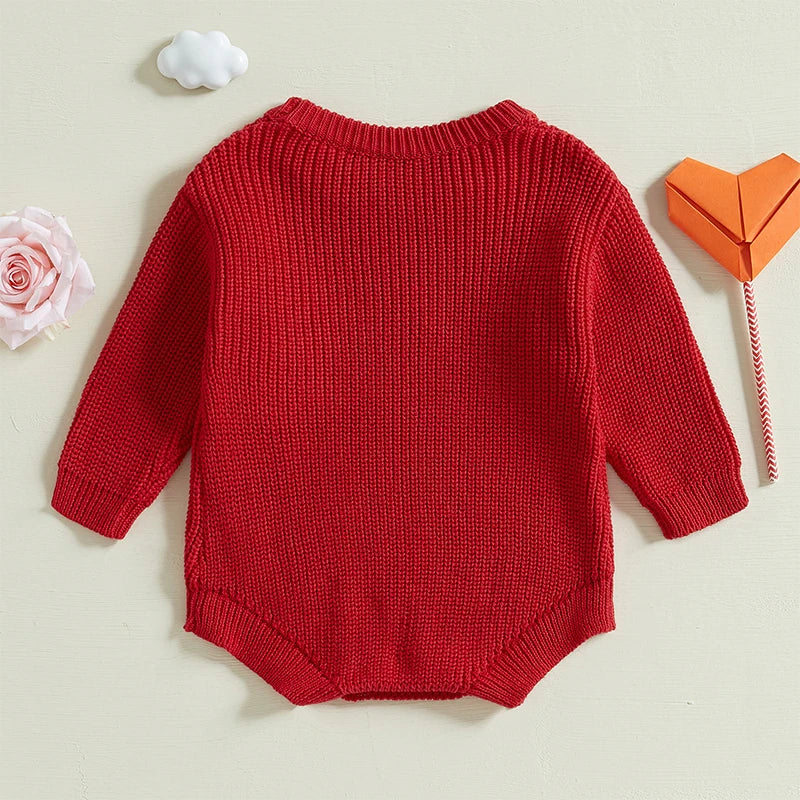 Baby Girl Boy Love Valentine’s Day Romper Long Sleeve O-Neck Letter Embroidery Knit Jumpsuit Sweater Bodysuit