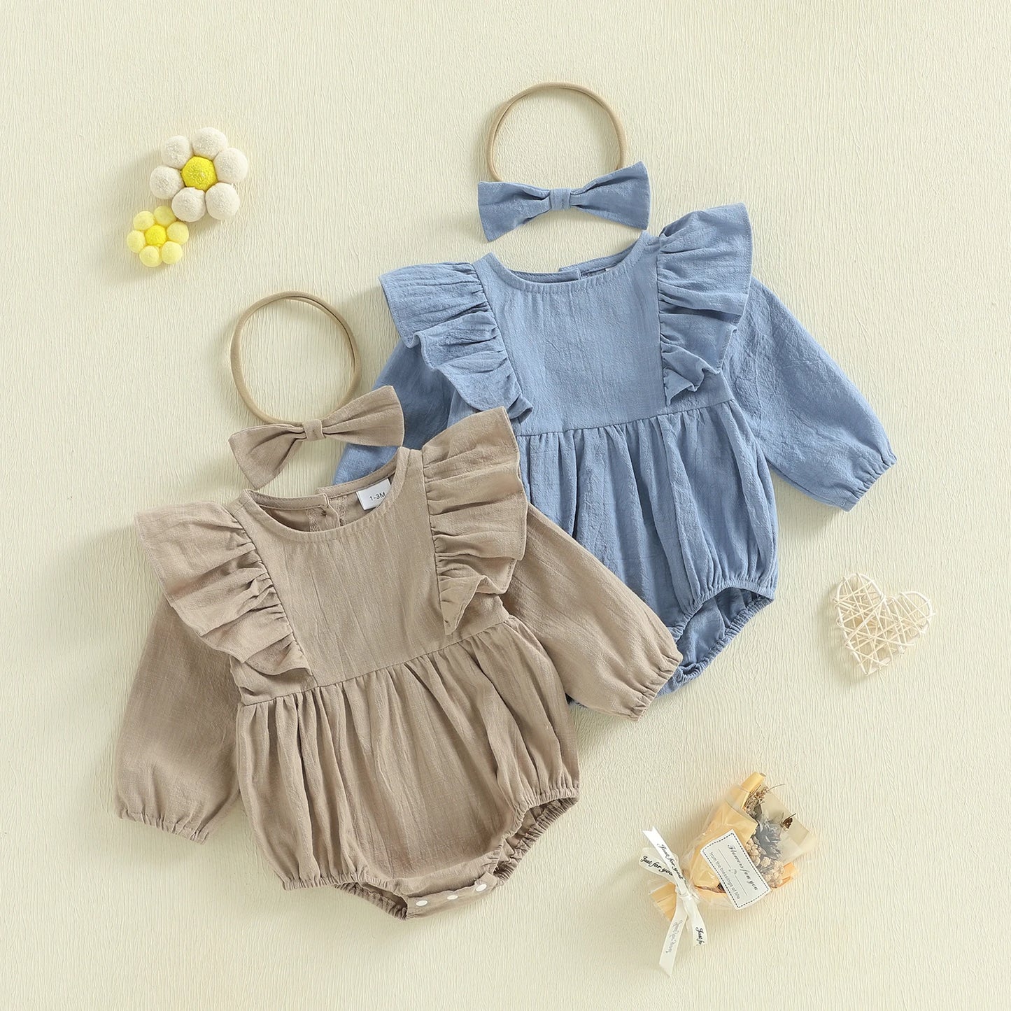Baby Girl 2Pcs Spring Romper Solid Color Long Sleeves Round Neck Ruffled Bodysuit and Matching Bow Headband Set