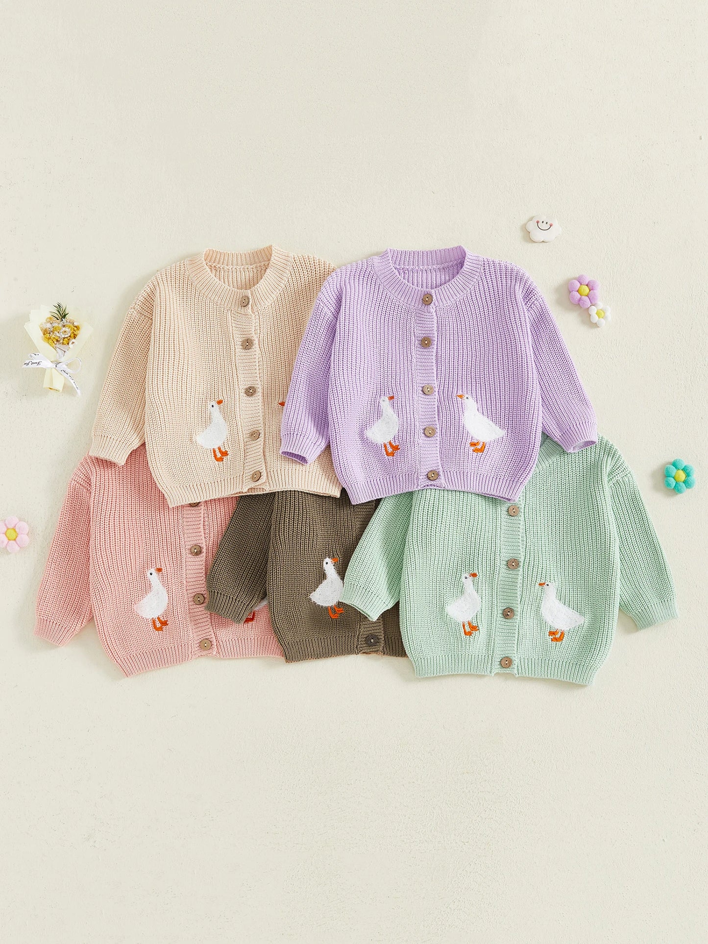 Toddler Kids Girl Knit Sweater Long Sleeve Round Neck Goose Embroidery Button Down Cardigan Tops