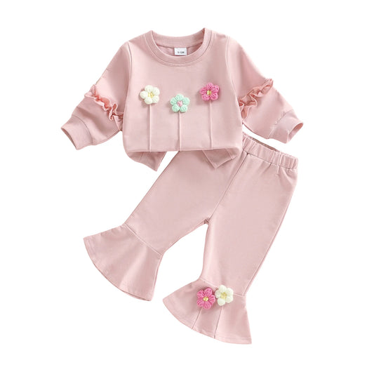 Baby Toddler Girls 2Pcs Spring Outfit Long Sleeve Crew Neck 3D Crochet Flower Decor Top and Bell Bottom Pants Set