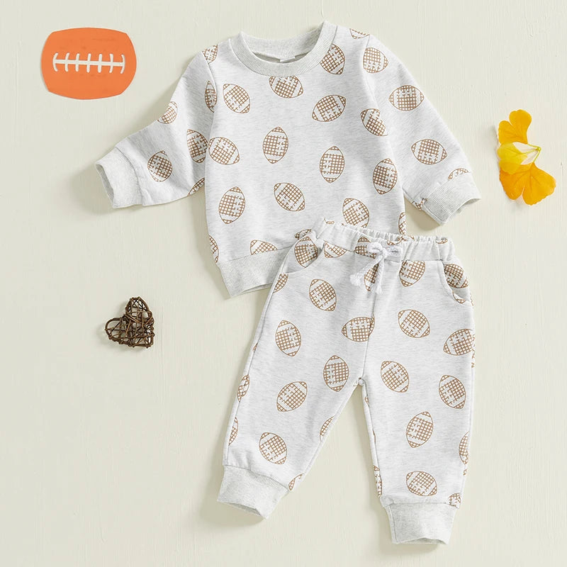 Baby Toddler Boy 2Pcs Fall Outfit Football Print Long Sleeve Top and Elastic Pants Jogger Set