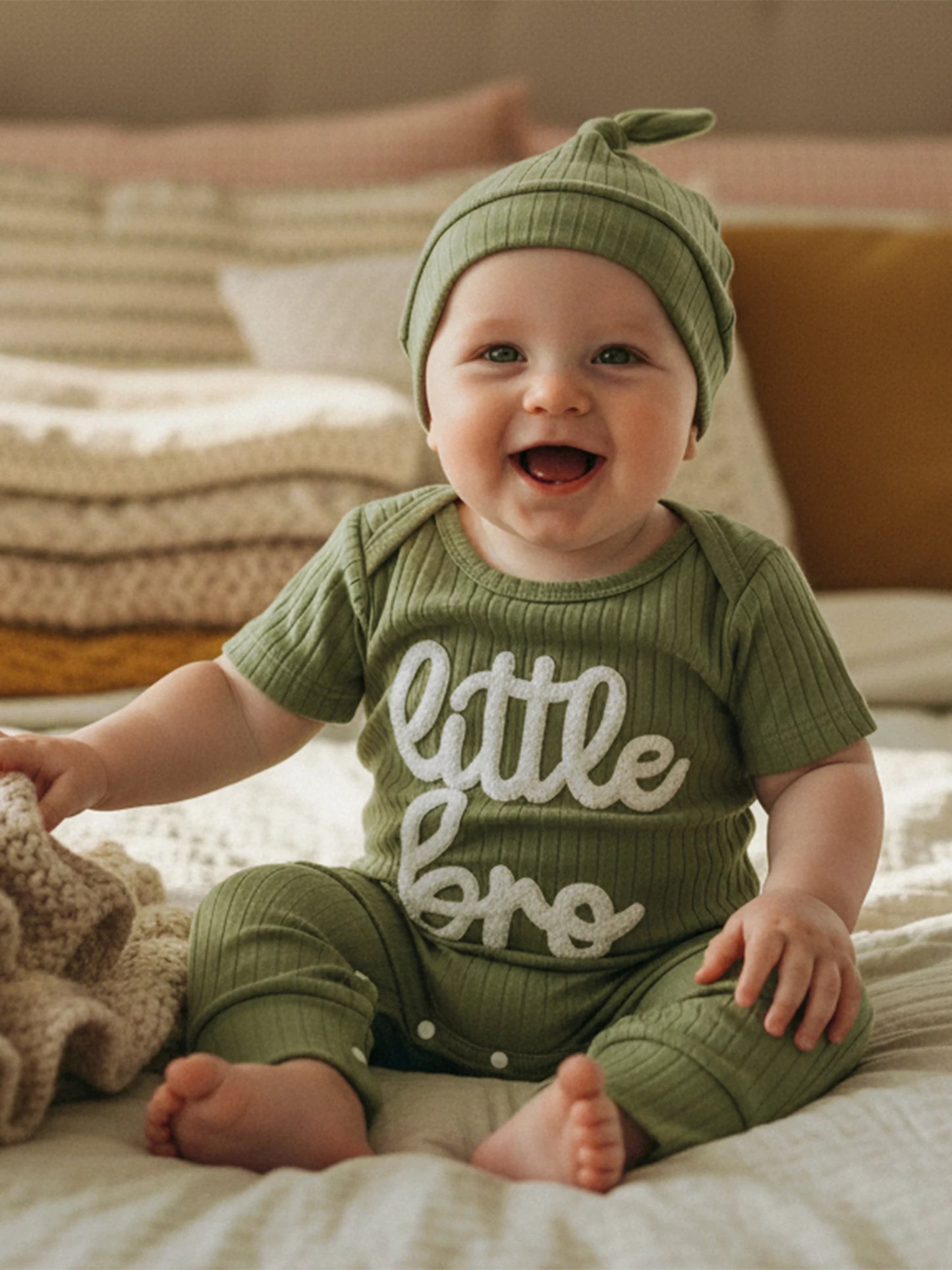 Baby Boy 2Pcs Little Bro Short Sleeve Romper Ribbed Letter Embroidery Round Neck Infant Jumpsuit with Hat Set