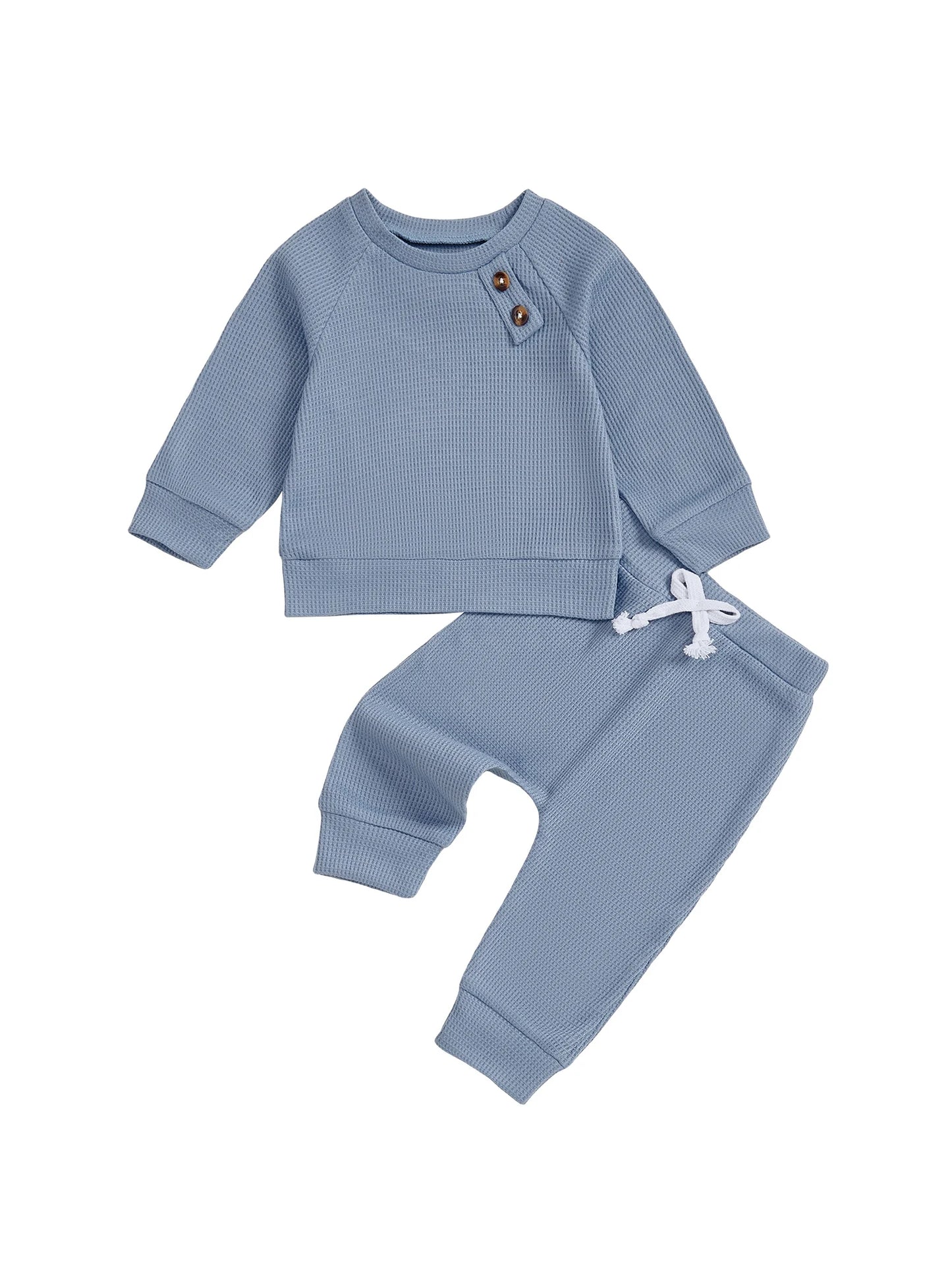 Baby Toddler Boys Winter Fall Outfit Solid Button Long Sleeve Top and Elastic Waist Pants 2Piece Waffle Set