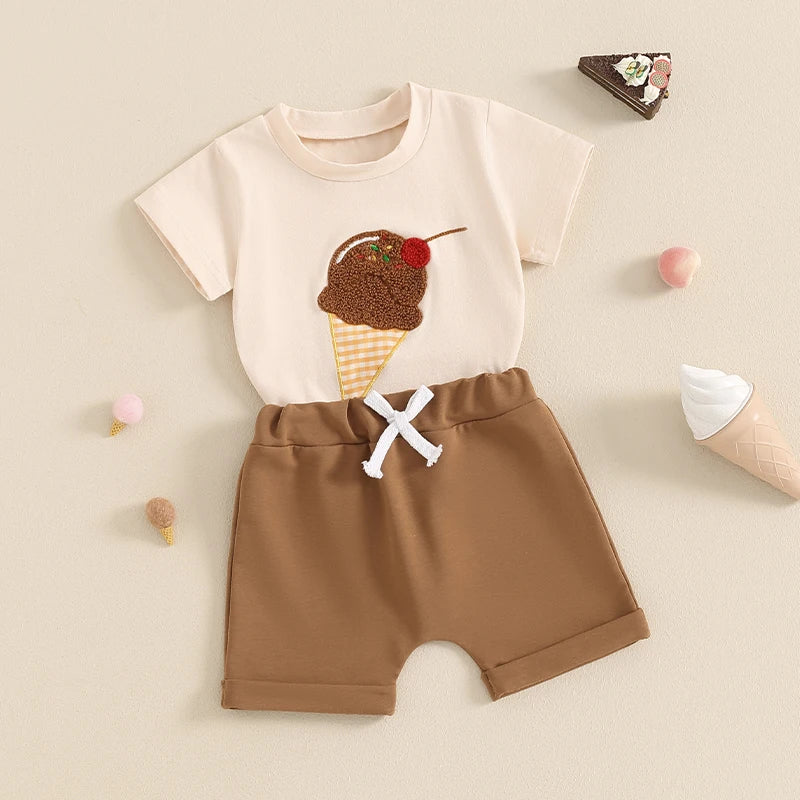 Baby Toddler Girl Boy 2Pcs Summer Outfit Ice Cream Embroidery Short Sleeve Top and Elastic Shorts Set