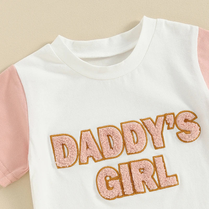 Toddler Baby Girls 2Pcs Daddy's Girl Spring Summer Set Fuzzy Letter Embroidery Short Sleeve Top Drawstring Shorts Outfit