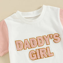 Load image into Gallery viewer, Toddler Baby Girls 2Pcs Daddy&#39;s Girl Spring Summer Set Fuzzy Letter Embroidery Short Sleeve Top Drawstring Shorts Outfit
