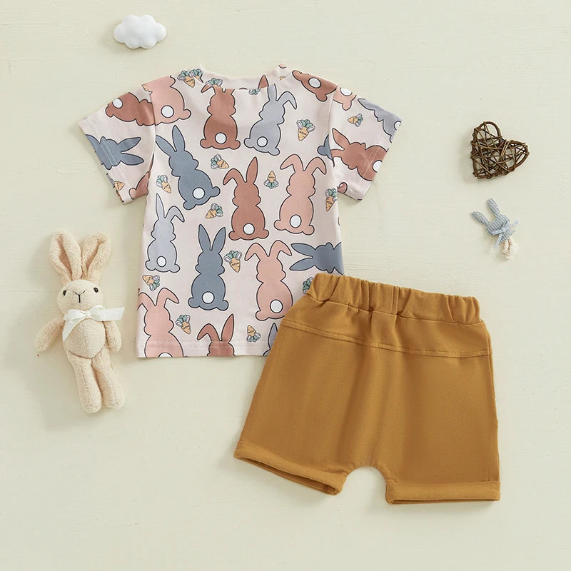 Baby Toddler Boys 2Pcs Easter Shorts Set Carrot Bunny Print Short Sleeve Round Neck Top Elastic Waistband Shorts