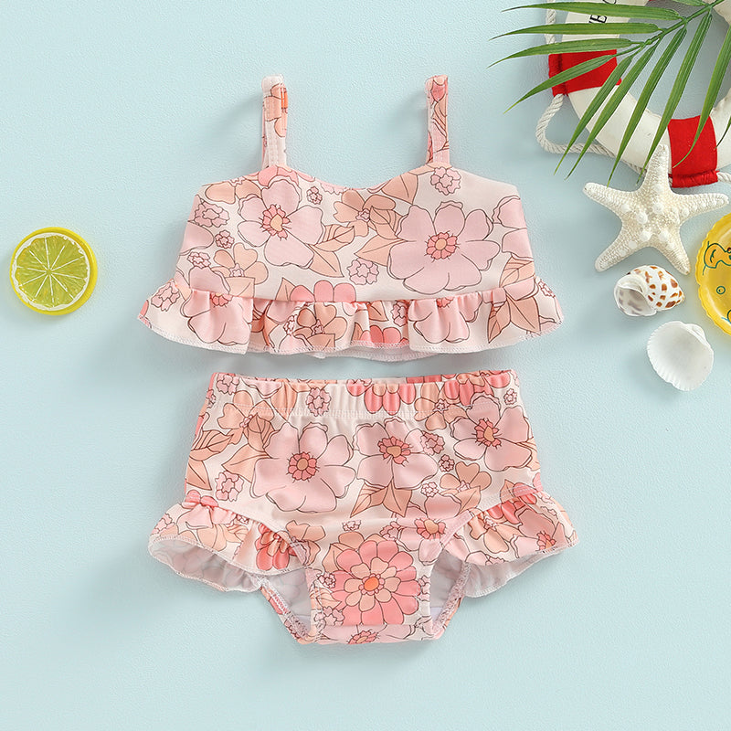 Baby Toddler Girls 2Pcs Bikini Sets Scale/Shell/Floral Print Sleeveless Tank Top and Bottoms Bathing Suit Set
