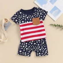 Load image into Gallery viewer, Baby Toddler Boys 2Pcs 4th of July Outfits O-Neck Short Sleeve Stars and Stripes Top + Elastic Waist Star Print Shorts Summer Set
