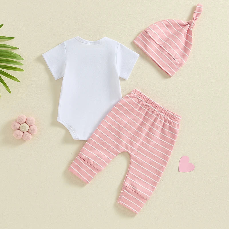 Baby Boy Girl 3Pcs Hello I'm New Here Summer Outfit Letter Print Short Sleeve Romper and Elastic Striped Long Pants and Beanie Hat Set