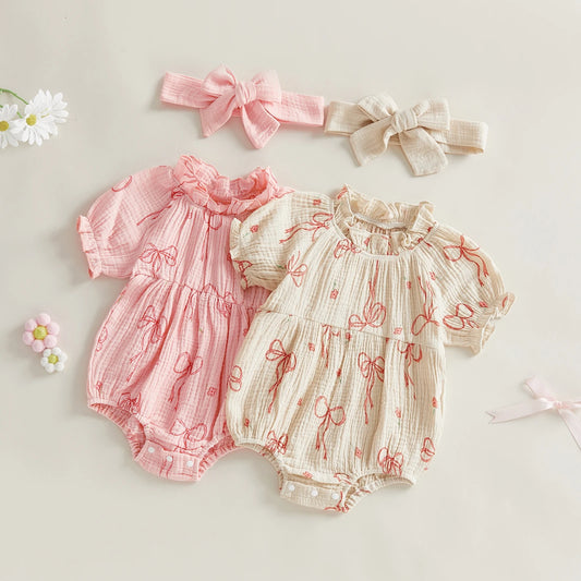 Baby Girls 2Pcs Outfit Cute Short Sleeve Round Neck Bow Flower Print Jumpsuit with Headband Set