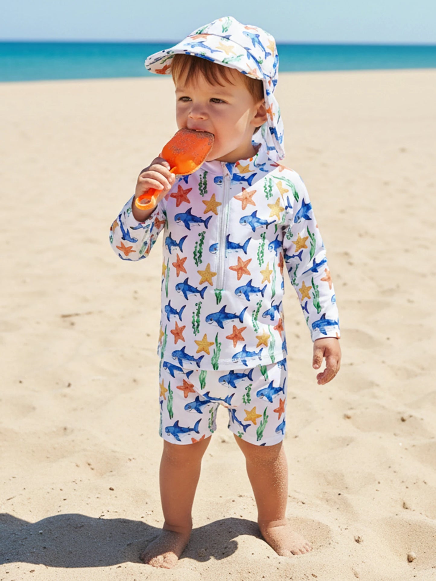 Baby Toddler Boys 3Pcs Rash Guard Swimsuit Print Zip Up Long Sleeve Swimwear Top Swim Shorts and Hat Set