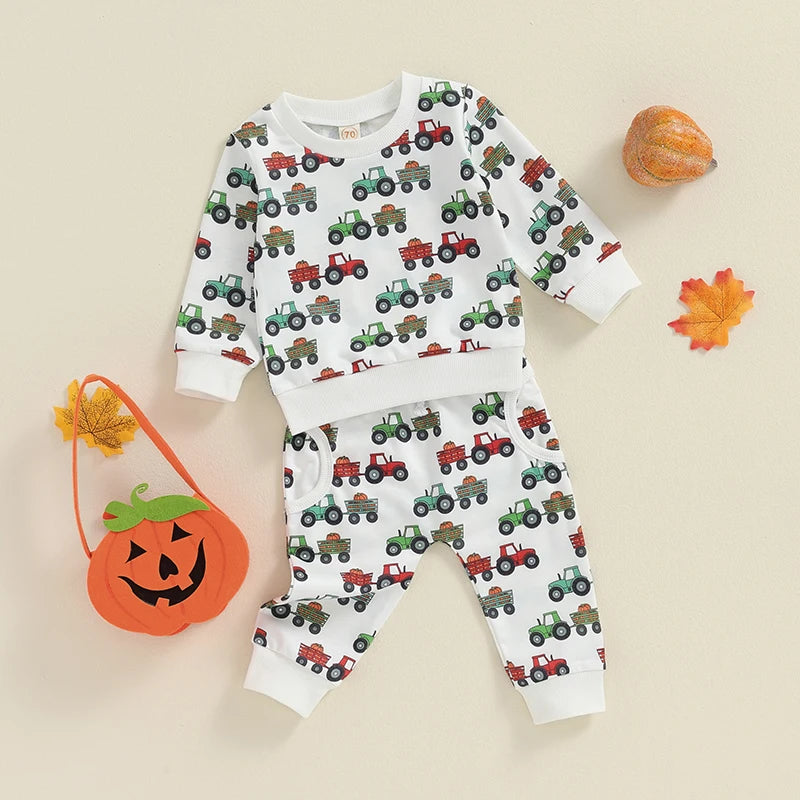 Baby Toddler Boys 2Pcs Fall Outfit Long Sleeve Tractor Print Top + Pants Set