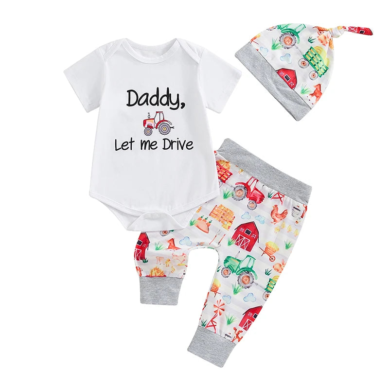 Baby Boys 3Pcs Daddy Let Me Drive Letter Print Short Sleeve Romper Farm Barn Tractor Print Long Pants Hat Outfit Set