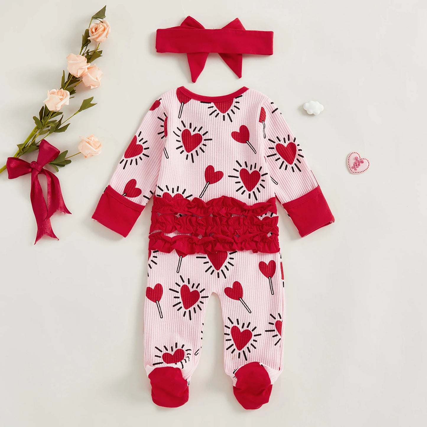 Baby Girl 2Pcs Valentines Day Zipper Romper Heart Candy Pattern Long Sleeve Zip Up Round Neck Footed Jumpsuit with Bow Headband Set
