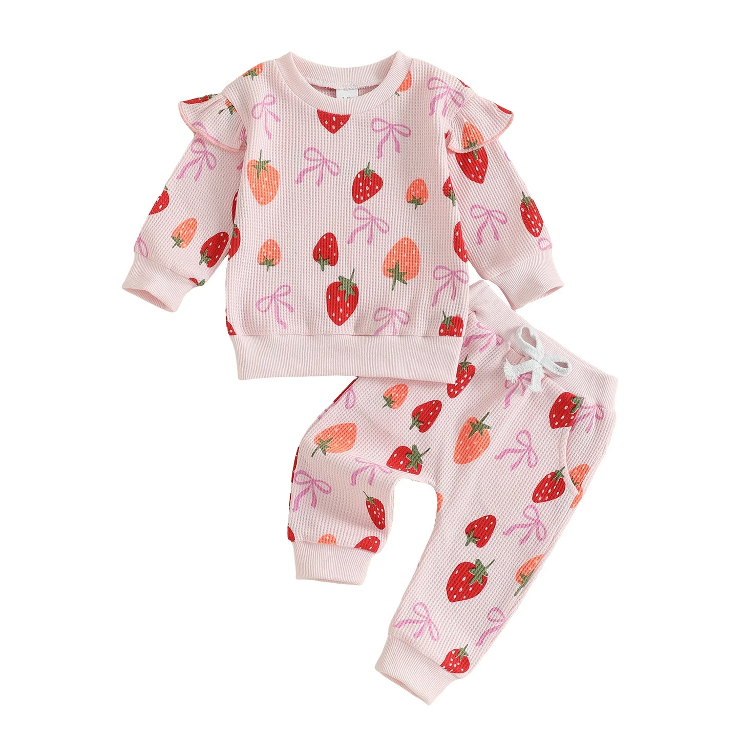 Baby Toddler Girls 2Pcs Fall Set Fashionable Strawberry Print Long Sleeve Pullover Top Bow Jogger Pants Outfit