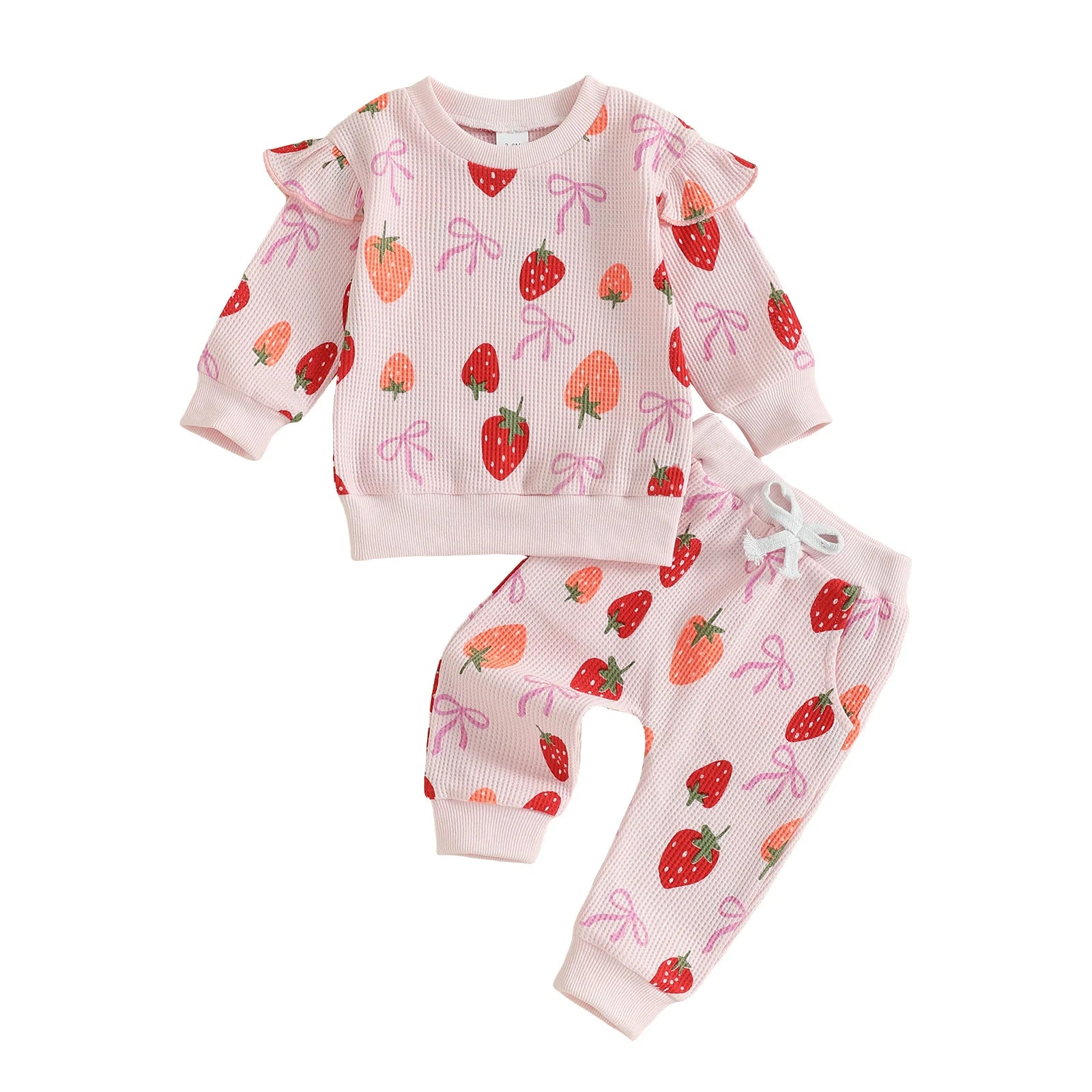 Baby Toddler Girls 2Pcs Fall Set Fashionable Strawberry Print Long Sleeve Pullover Top Bow Jogger Pants Outfit