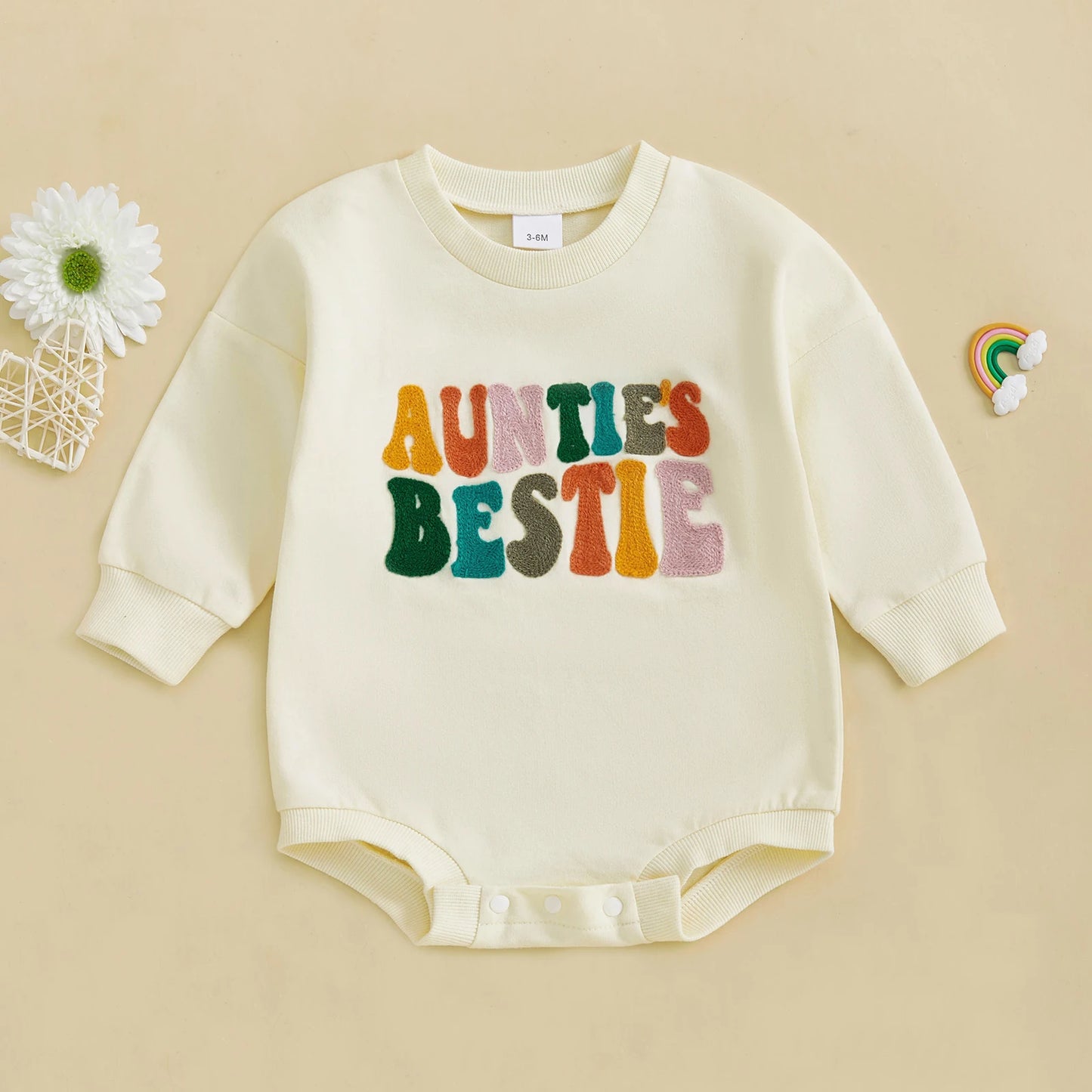 Baby Boy Girl Bubble Romper Letter Auntie's Bestie Embroidered Crew Neck Long Sleeve Jumpsuit Cute Winter Fall Clothes