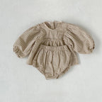 Plaid Balloon Sleeve Linen Bloomer Set