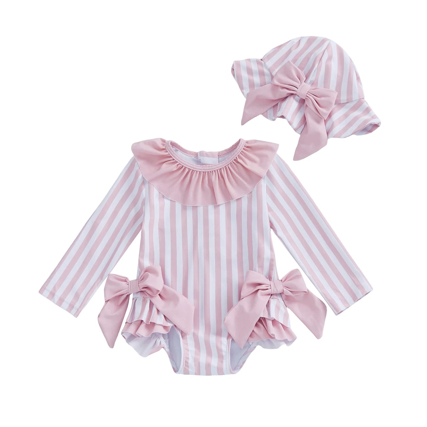 Baby Toddler Girls 3Pcs Swimsuit Ruffles Collar Long Sleeve Striped Print Bow Swimwear with Hat Set