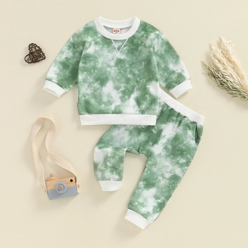 Baby Toddler Boys Girls 2Pcs Fall Outfit Tie-Dye Print Long Sleeve Top and Long Pants Set