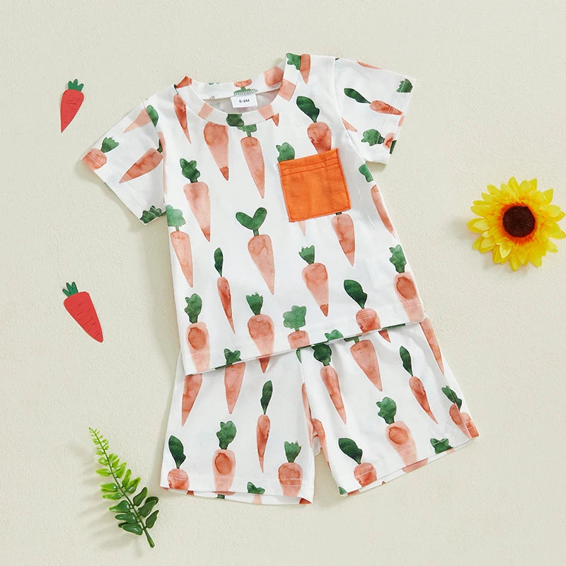 Baby Toddler Boys 2Pcs Easter Set Adorable Carrot Print Short Sleeve Round Neck Top Elastic Waistband Shorts Outfit