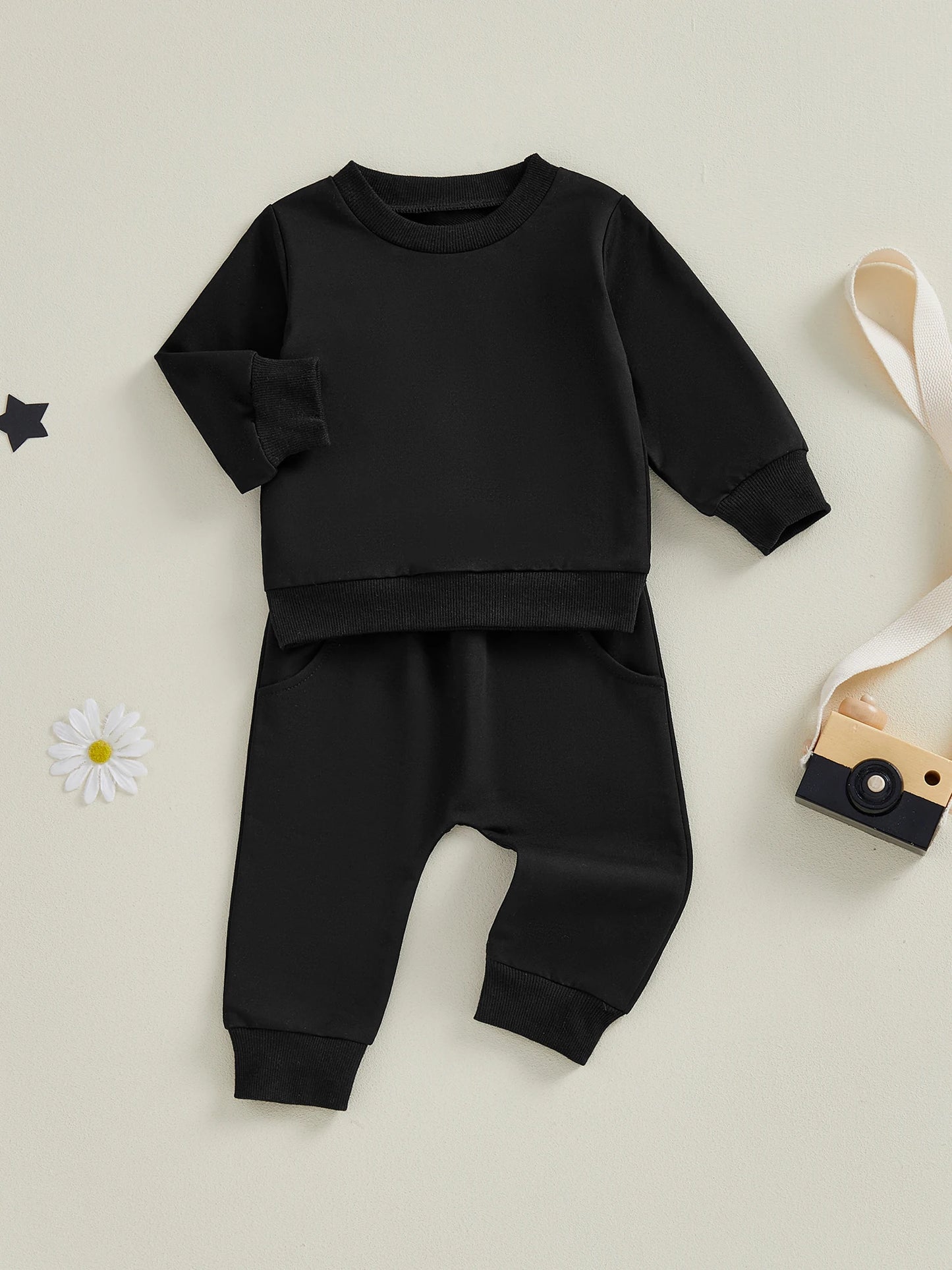 Baby Toddler Boy Girl 2Pcs Spring Fall Outfits Solid Color Long Sleeve Round Neck Pullover Top + Elastic Waist Long Pants Jogger Set