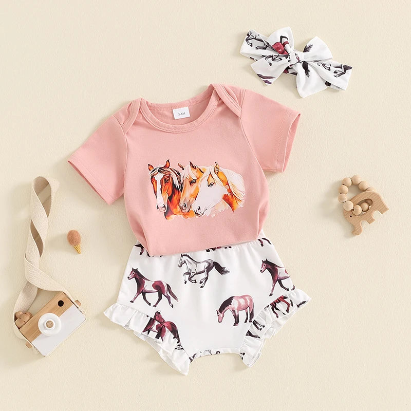 Baby Girls 3Pcs Summer Set Short Sleeve Romper Western Horse Print Bloomers Shorts Headband Set Outfit