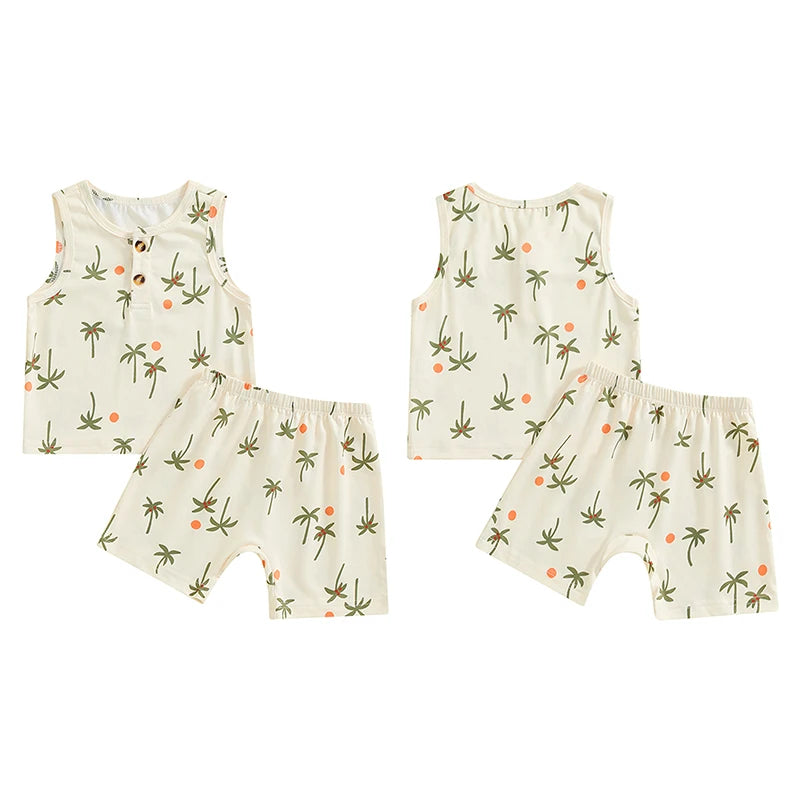 Baby Toddler Boys Girls 2Pcs Outfit Sleeveless Palm Tree Print Tank Top + Shorts Set